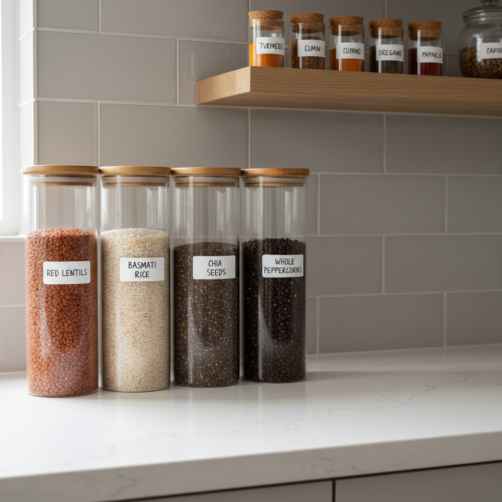A close-up, photographic shot of an impeccably organized organic spice and grain station in a contemporary kitchen. Clear glass canisters with bamboo lids are filled with colorful lentils, basmati rice, chia seeds, and whole peppercorns, all aligned on a smooth, pale stone countertop. Behind them, a light grey subway-tile backsplash and a slim wooden shelf holding additional labeled jars complete the scene. Soft side lighting from a nearby window casts delicate highlights along the glass edges and gentle shadows on the countertop, creating depth and clarity. The composition uses the rule of thirds, with the tallest jars to one side and negative space on the other, conveying a calm, professional, and highly curated atmosphere for organic home cooking.