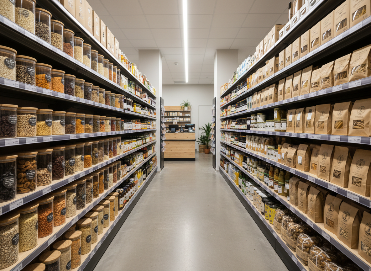 A sleek, well-organized aisle in a modern organic grocery store, captured in photographic realism. Rows of neatly aligned glass jars, brown paper packages, and recycled cardboard boxes filled with grains, spices, and dried fruits line matte-finished wooden shelves. Each label is clean and minimal, using neutral colors and subtle typography. Soft, evenly distributed ceiling lighting creates a bright but gentle ambiance, with reflections on glass jars and faint shadows beneath each product. The camera is positioned at eye level down the aisle, using a subtle depth of field so the closest products are sharply focused while the far end of the aisle gradually softens. The mood is professional, tidy, and reassuring, emphasizing trust and quality in every item.